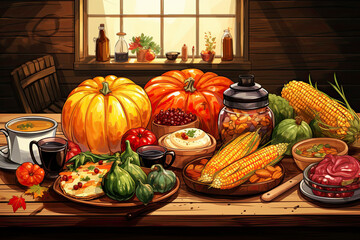 The colorful illustration of Thanksgiving holiday foods and items. Studio light. Generative Ai.
