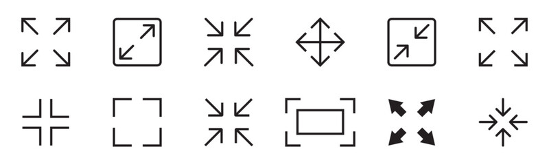 Maximize arrow icon, two arrows expand icons, resize zoom scale icon vector set.