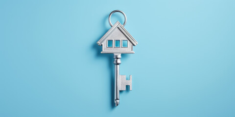 silver house key with blue background