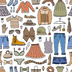 Fashion clothes set. Garment, accessory for men, women. Different apparel collection. Modern casual dress, pants, jacket, shoes and bags. Seamless pattern background for your design. Vector