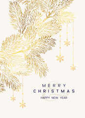 Christmas Poster with golden pine branches on white background. New year illustration. - 640632711