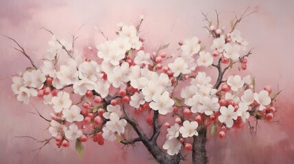 Obraz premium a painting of a tree with white flowers and red berries. generative ai