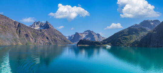 Prince Christian Sound waterway in Greenland, famous travel destination and tourist attraction.