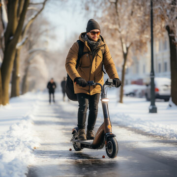 e-scooter driver in winter in the city, ai generated