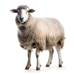 Fototapeta premium Side view of a Sheep looking at camera against white background.