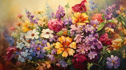  a painting of a bouquet of flowers on a yellow background.  generative ai