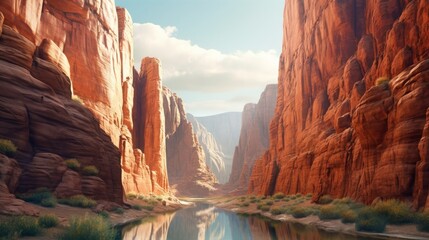 Canyon with towering cliffs, carved rock formations, and a winding river below. AI generated