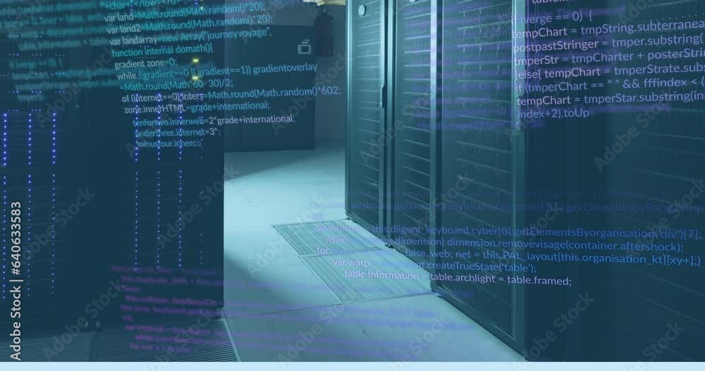 Poster animation of computer language over data server racks in server room