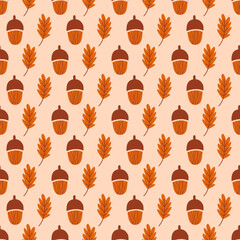 Seamless geometric pattern with acorns and leaves on beige background. Vector print for fabric background, textile