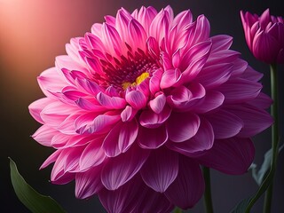 An image of vibrant Dahlia flower in full bloom, with sunlight streaming into its petals.