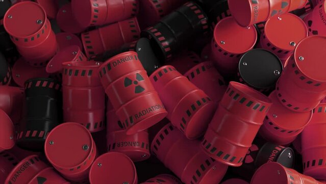 Dump of red and black barrels with nuclear radioactive waste. Danger of radiation contamination of industrial containers. 3D animation