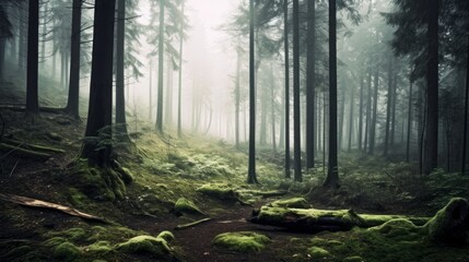 Foggy forest, with trees partially covered in mist, creating a sense of tranquility. AI generated