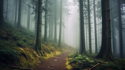Foggy forest, with trees partially covered in mist, creating a sense of tranquility. AI generated
