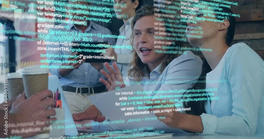 Poster animation of multicolored computer language over diverse coworkers discussing while drinking coffee