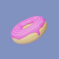 Donut 3d illustration on blue background. Donut with a pink glaze on a blue background