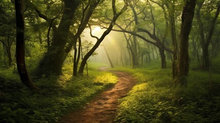 Obraz premium Enchanting forest path with dappled sunlight filtering through the trees. AI generated