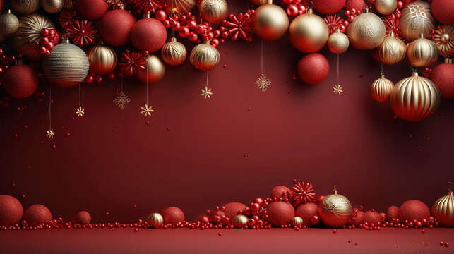 Christmas red background with red and gold balls and snowflakes. Christmas and New Year background. Greeting red card, banner. Golden, red balls on red background, generative ai