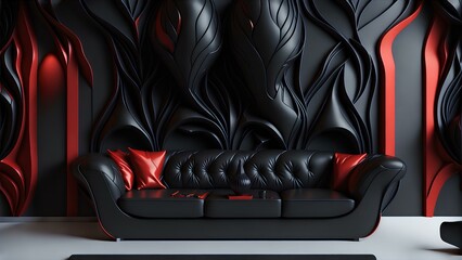 Interior with a beautiful black wall with 3D abstract pattern of polygon and furniture with red fittings