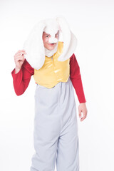 Man in white rabbit costume, Alice in Wonderland