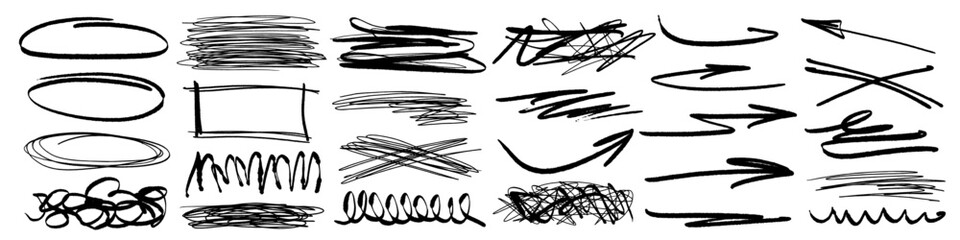 Grunge charcoal scribble stripes, emphasis arrows, handdrawor illustration of lines, waves, squiggles by markern doodle bold shapes. Chalk crayon or marker doodle rouge freehand scratches. Vect - obrazy, fototapety, plakaty