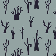 Cute and cozy autumn seamless pattern. Repeating freehand drawing for textiles, fabric background. Trees and branches on a gray background.