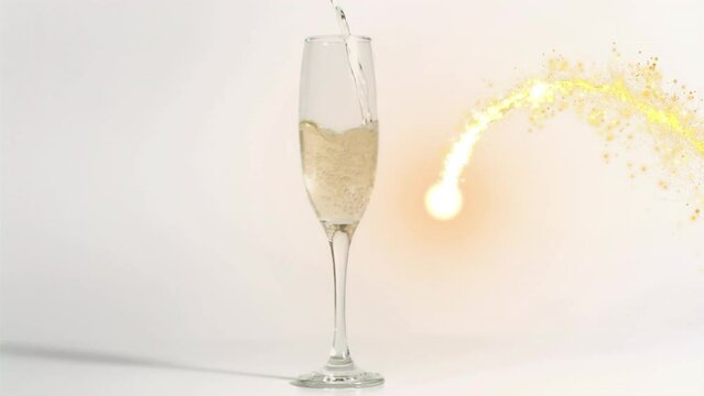 Animation of firework moving around champagne pouring in flute on white background