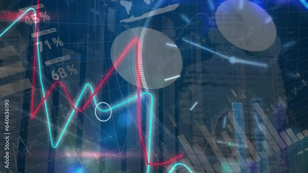 Poster animation of multiple graphs with clock and map moving on abstract background