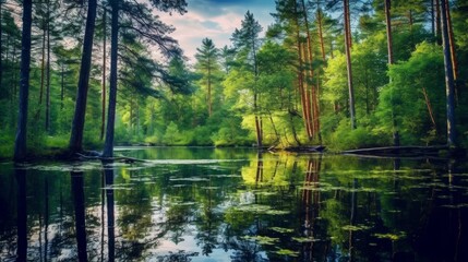 Tranquil forest lake surrounded by tall trees, reflecting their beauty. AI generated