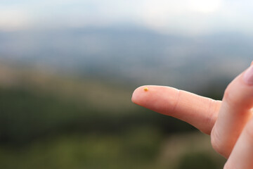 Close up of woman holding mustard seed in finger in front of a mountain. Faith parable, trust and...