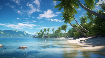 Tropical paradise, with palm trees, white sandy beaches, and clear turquoise waters. AI generated
