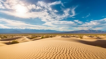 Vast desert landscape, with golden sand dunes, clear blue skies. AI generated