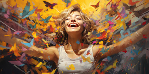 woman with butterflies, happy smiling, showing pure joy and happiness