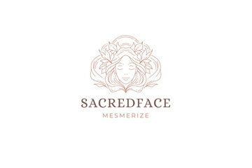 Beautiful fantasy woman face flower elegant hairstyle line art logo design template vector