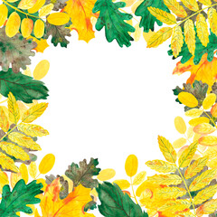 Hand drawn watercolor autumn leaves frame boarder on white background. Can be used for invitation, Scrapbook, poster, label, banner.