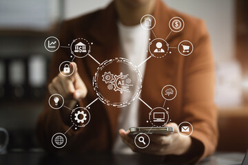 Business woman using a smartphone and laptop computer chatting with an intelligent artificial intelligence. Futuristic technology, automate Chat Bot, Smart Ai.