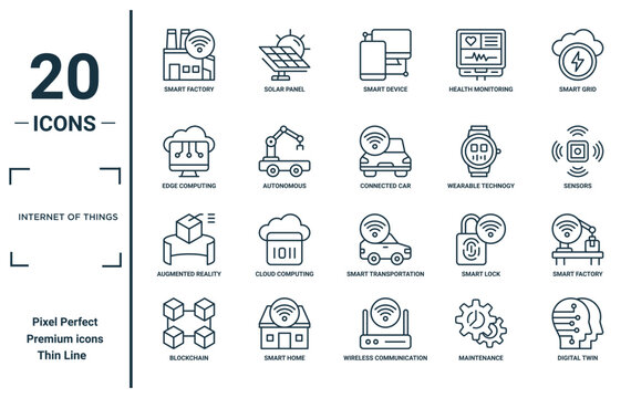 Internet Of Things Linear Icon Set. Includes Thin Line Smart Factory, Edge Computing, Augmented Reality, Blockchain, Digital Twin, Connected Car, Smart Factory Icons For Report, Presentation,