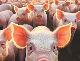 Pigs at farm looking at camera.