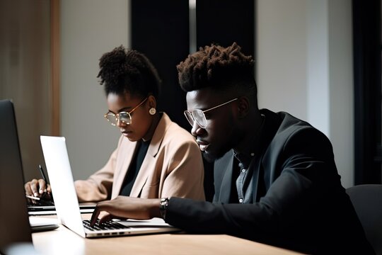 Modern workplace, a guy and a girl work on laptops in the office.