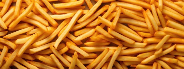 Heap of yummy french fries as textured background, full frame, top view panorama.