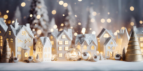 Christmas miniature scene of cozy town with festive buildings, lights,bokeh, lantern decorations.New year, Xmas background.Winter magical card. Wanderland. Holidays template.Generative ai