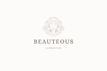 Dream fantasy woman portrait curved hair style beauty line art logo design template vector