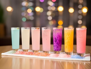 Cocktails with colorful New Year's drinks and sparkling dots