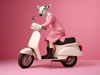  In this scene, a goat wearing a stylish pink coat and sporting pink horns confidently rides a scooter.