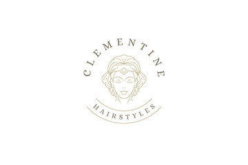 Bohemian aesthetic female portrait elegant hairstyle line art logo design template vector