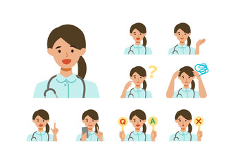 Working nurse Woman. Healthcare conceptWoman cartoon character head collection set. People face profiles avatars and icons. Close up image of smiling Woman.