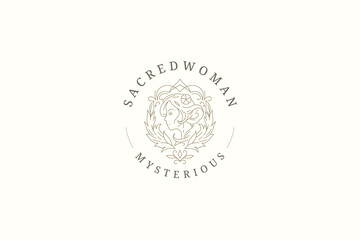 Elegant woman portrait with flower hairstyle fantasy winged silhouette line art logo vector