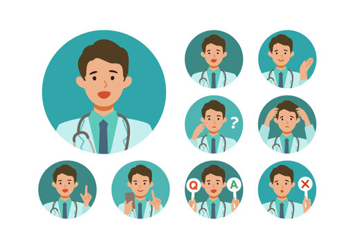 Doctor man wearing lab coats. Healthcare conceptMan cartoon character head collection set. People face profiles avatars and icons. Close up image of smiling man.
