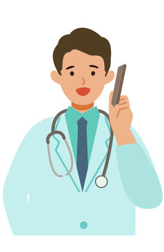 Doctor man wearing lab coats. Healthcare conceptMan cartoon character. People face profiles avatars and icons. Close up image of man using smartphone.