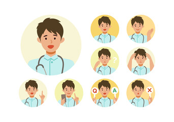 Working nurse man. Healthcare conceptMan cartoon character head collection set. People face profiles avatars and icons. Close up image of smiling man.