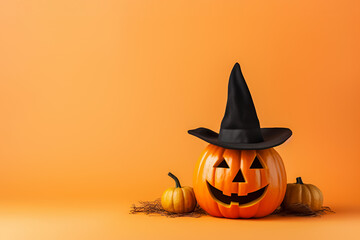 Halloween pumpkin in a black witch hat on orange background with copy space